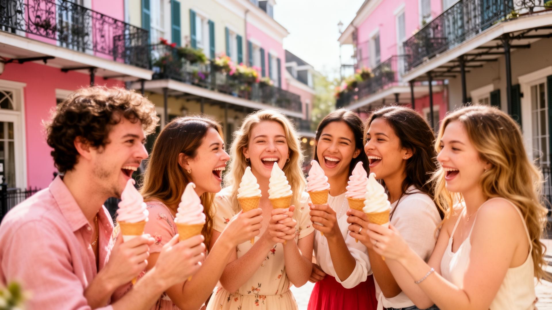 Friends laughing with ice cream cones in the French Quarter